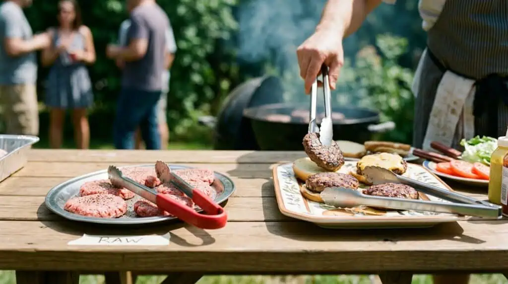 Separate plates used for raw and cooked meat during outdoor grilling.