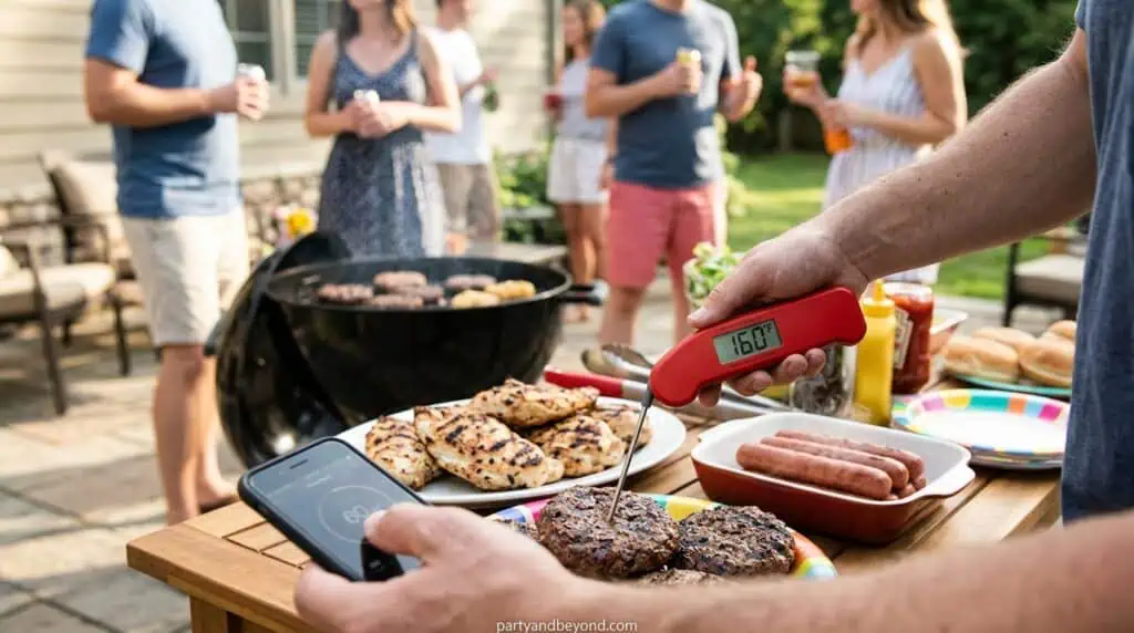 Grill with thermometer checking burgers and chicken cooking temperature.