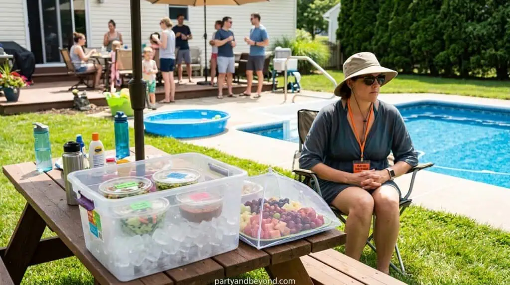 Adult actively watching children swimming in backyard pool without distraction.