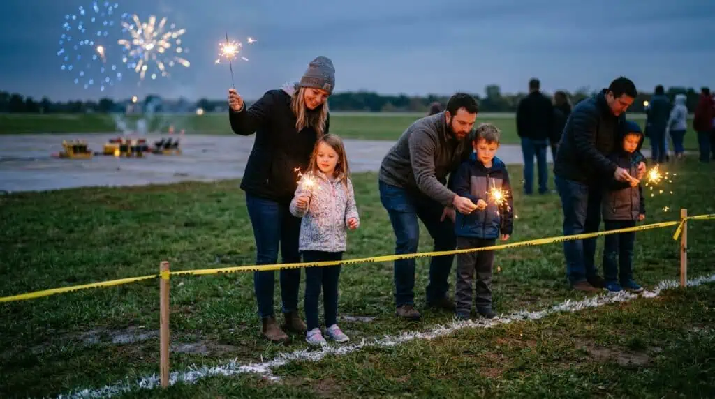 Kids standing behind safety line while fireworks are being launched safely.