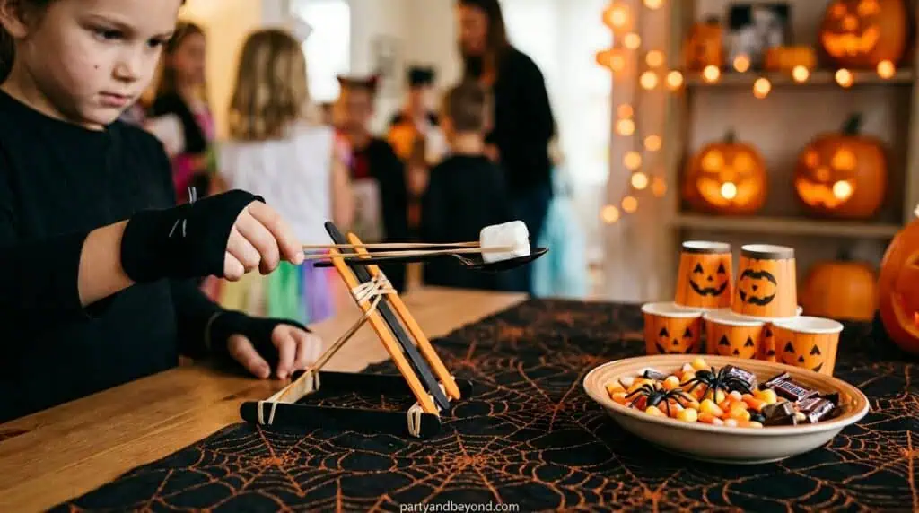 Mini marshmallows being launched into a cup using spoons during a Halloween party game.