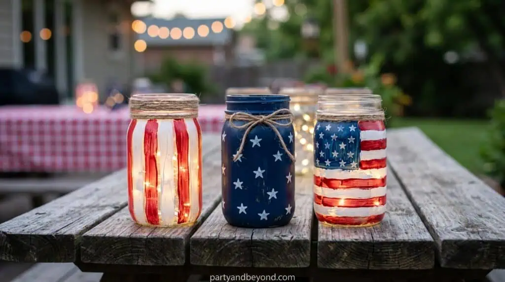 Mason jars with glowing LED tealights and patriotic tissue paper lining a porch at night.
