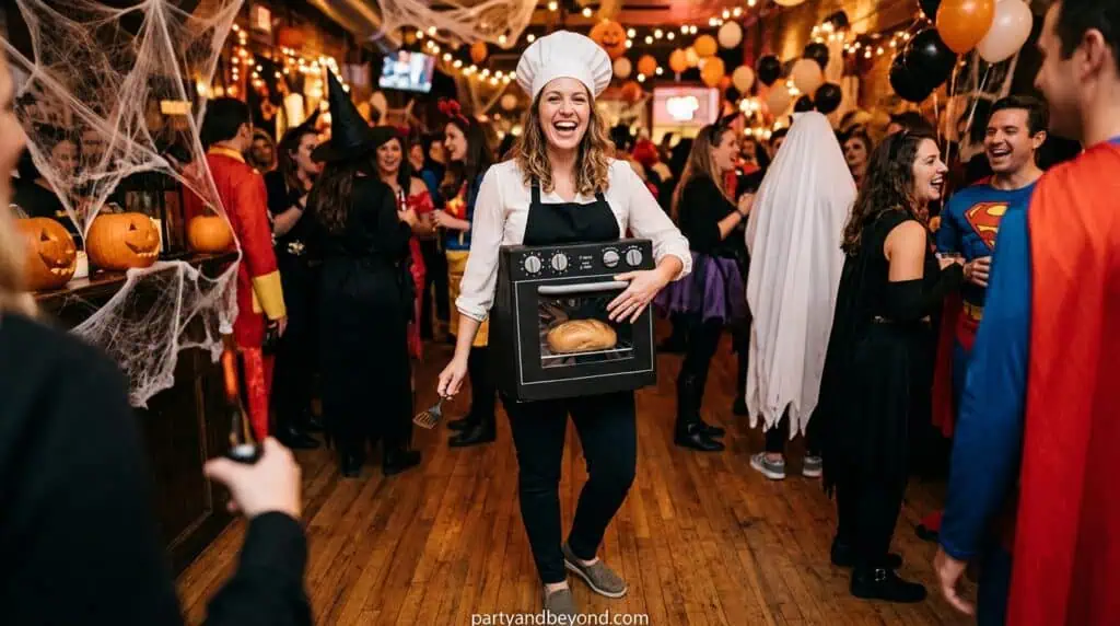 Woman dressed as a baker at Halloween costume party with festive decorations.