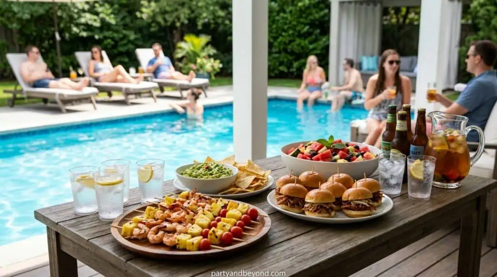 Adults playing floating cup race game in swimming pool 4th of July pool party