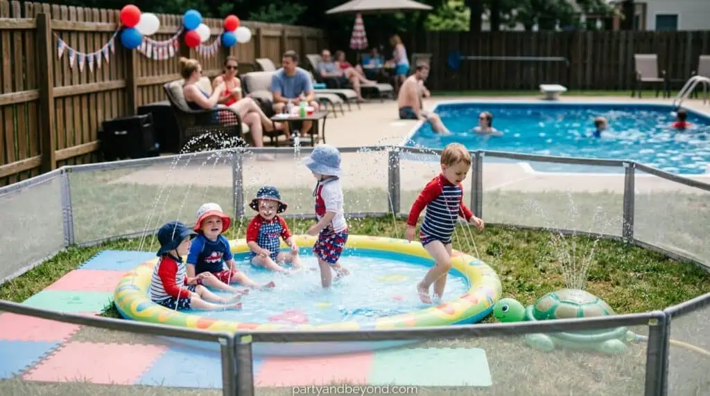 Small sprinkler play area for children away from deep pool section.4th of July pool party