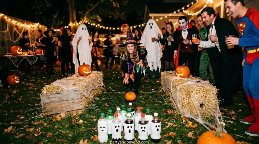 A small pumpkin rolling toward decorated bottle pins in a Halloween bowling game.