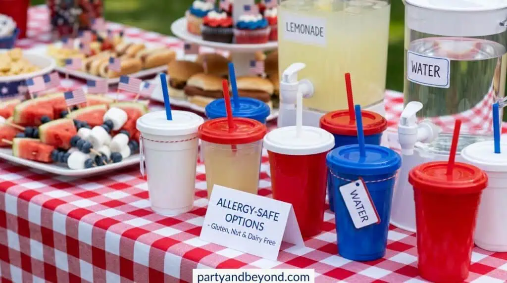Dollar-store streamers and table runner decorating backyard party area.