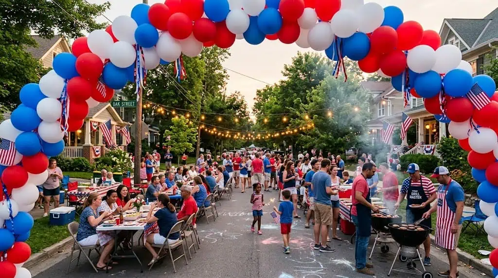 Vibrant 4th of July outdoor party with balloons, fireworks, and community gathering. Perfect for pat.