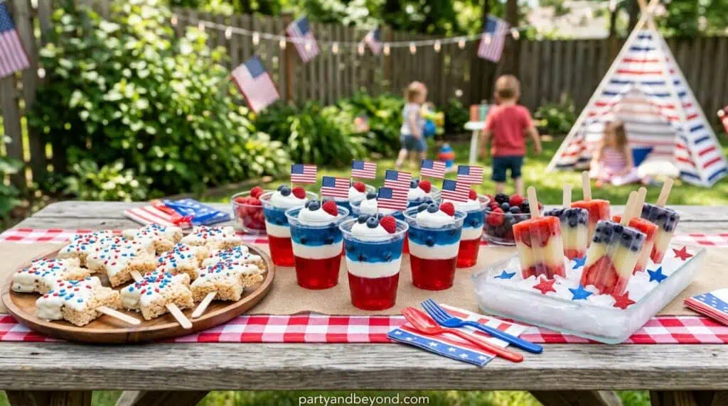 Red, white, and blue balloon arch welcoming guests to kids’ party.
