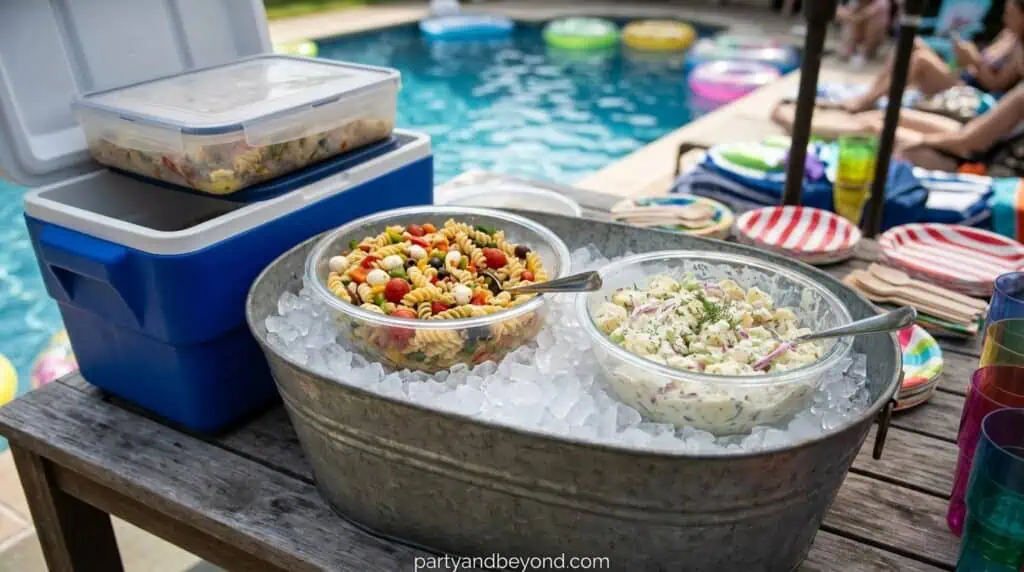 Pasta and potato salads kept in bowls placed over ice to stay cold outdoors.