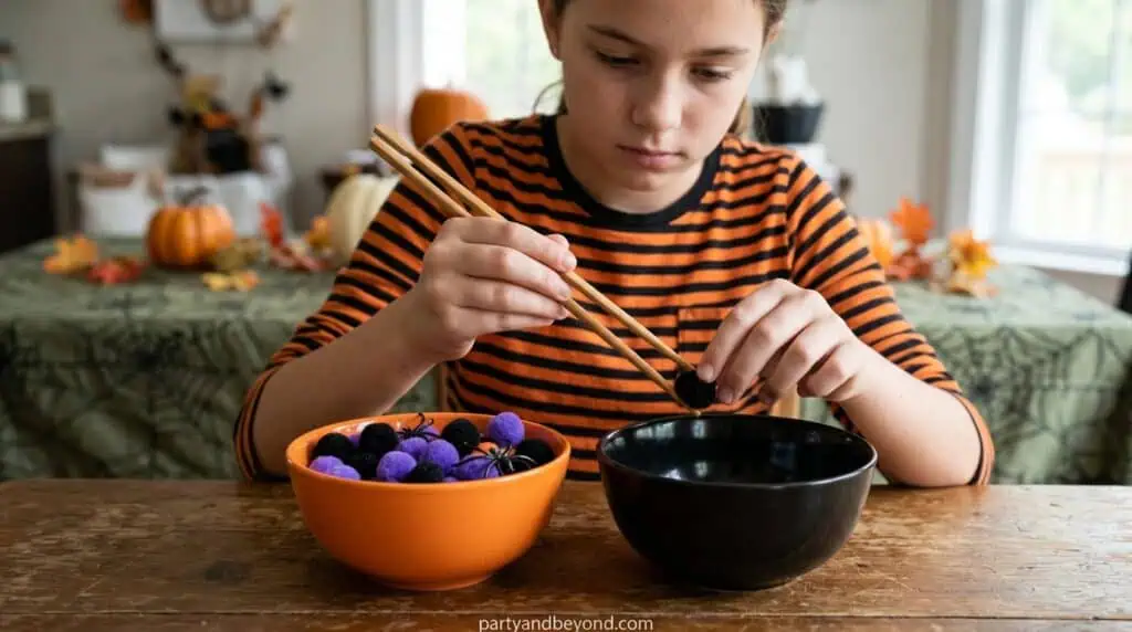Halloween party game where adults use chopsticks to move plastic spiders between bowls in 60 seconds.