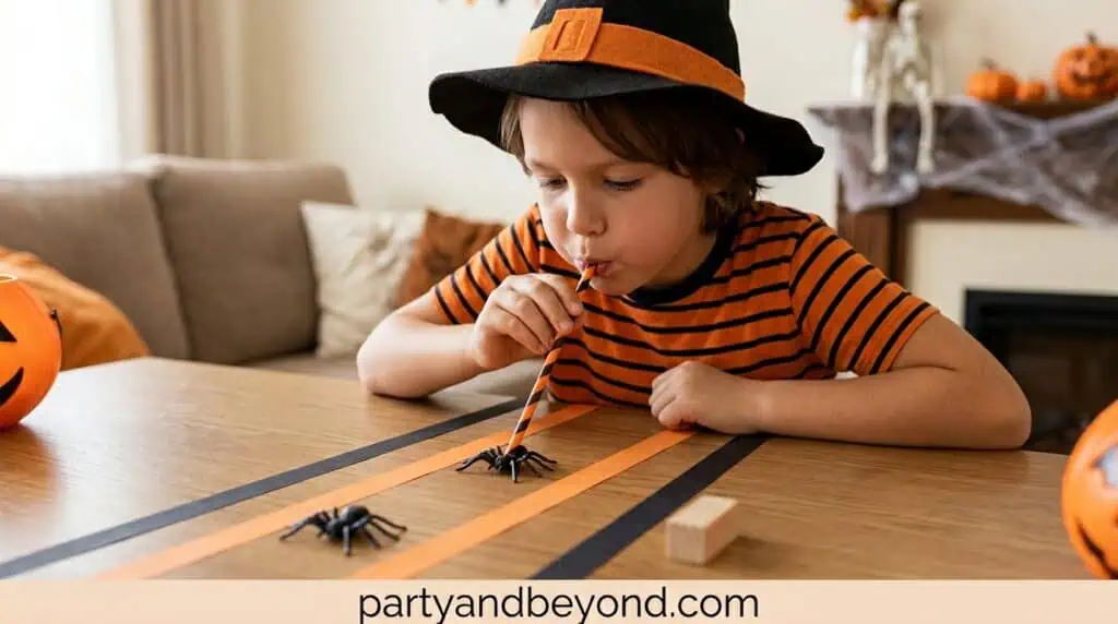 Halloween party game where adults use chopsticks to move plastic spiders between bowls in 60 seconds.
