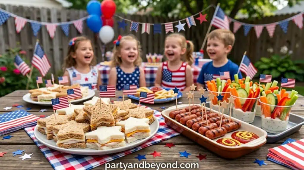 American kids enjoying a patriotic outdoor party with flags, snacks, and colorful decorations.