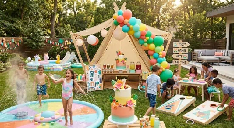 Colorful outdoor kids' birthday party with tent, balloons, and games.