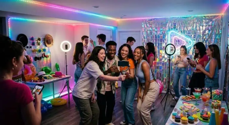 Group of friends enjoying a lively party with colorful lights and decorations.