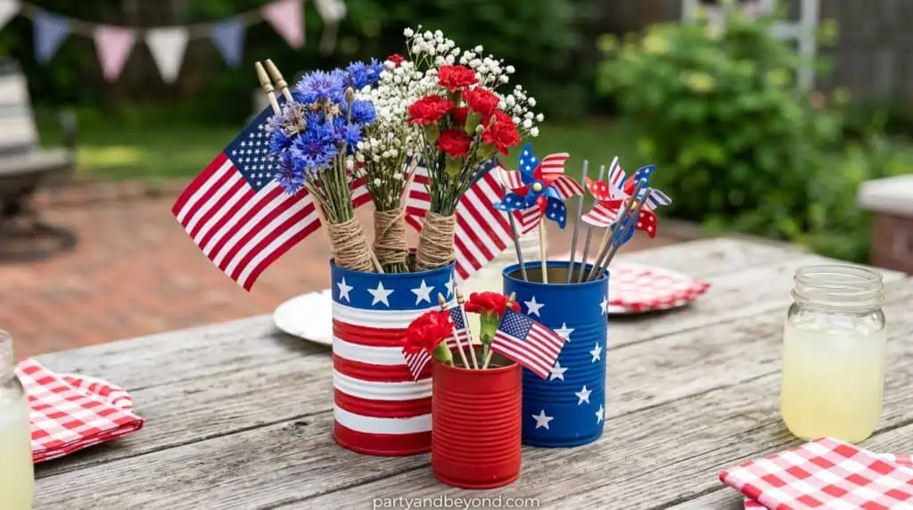 Recycled painted tin cans used as patriotic table centerpieces filled with flowers and flags