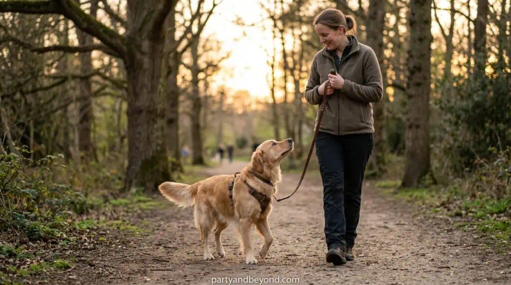 Dog enjoying a long evening walk with owner before fireworks begin.