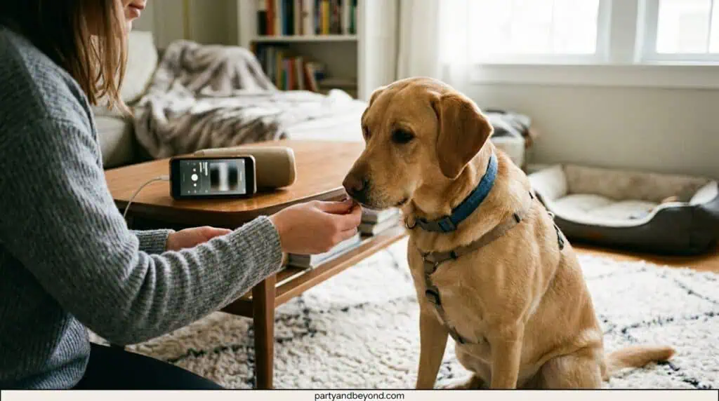 Dog receiving treats during fireworks sound training session for desensitization.