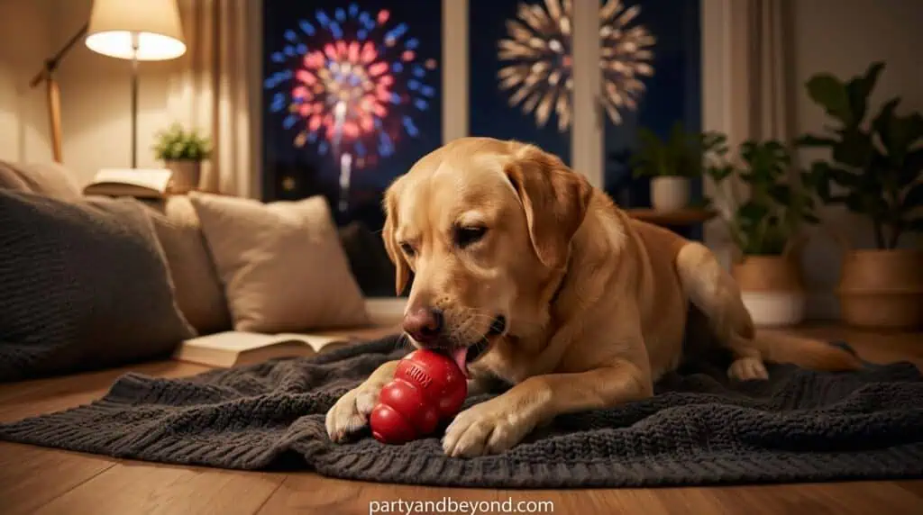 Dog licking a frozen Kong toy filled with peanut butter to stay distracted during fireworks.