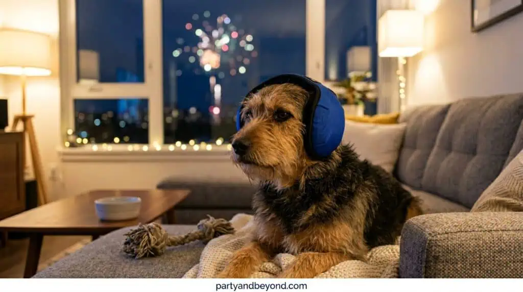 Dog wearing ear protection gear to reduce fireworks noise sensitivity.