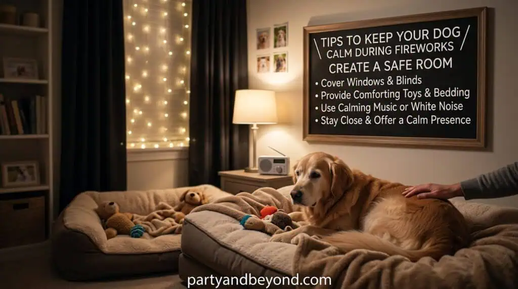 Dog relaxing in a cozy interior safe room with bed, toys, water bowl, and closed curtains.