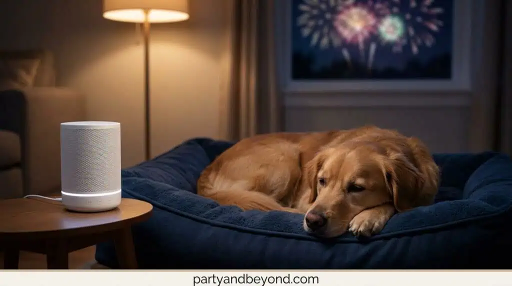White noise machine placed near a dog's safe room to mask fireworks sounds.