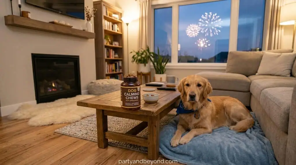 Vet-approved calming chews and supplements prepared for a dog before fireworks.