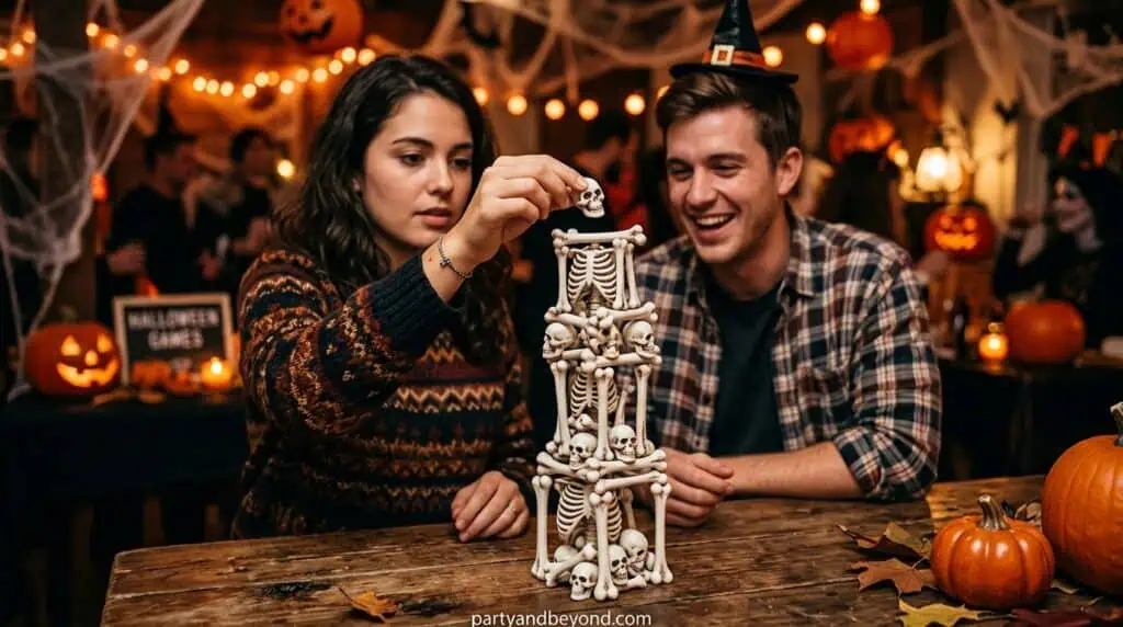 Players carefully building a tall tower using pretzel sticks or small objects in a balancing challenge.