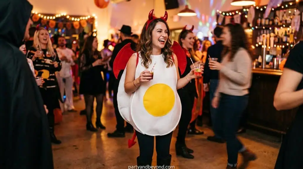 egg costume with devil horns and yolk design for a funny food pun outfit