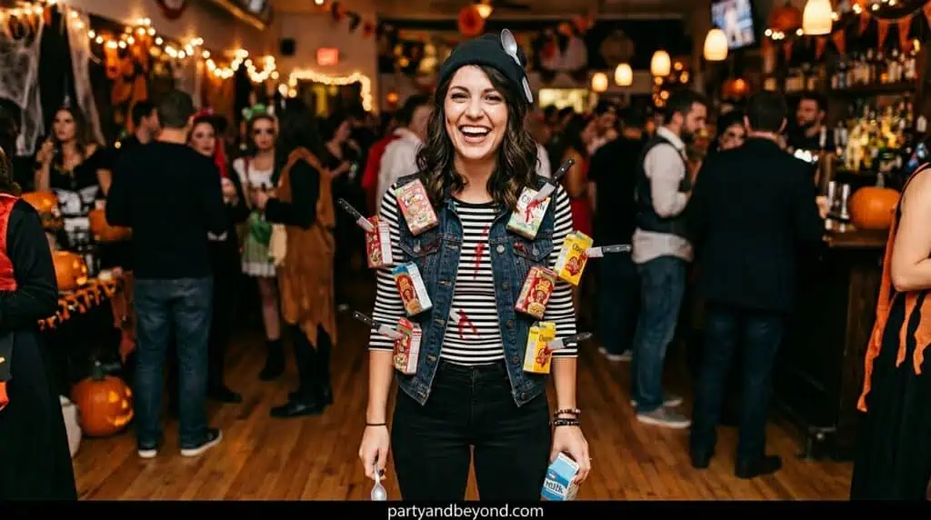 cereal box costume with toy knives and fake blood for a pun Halloween outfit