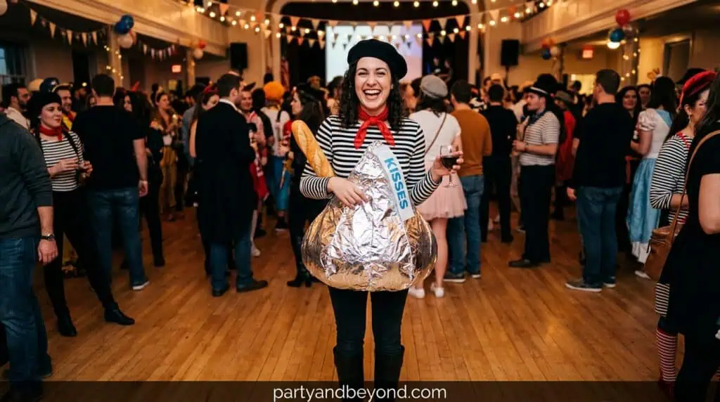 striped shirt and beret with face paint inspired French kiss pun costume
