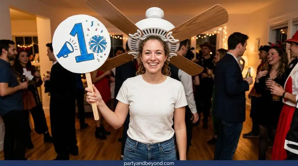 fan costume with number one sign and pom poms for a dad joke outfit
