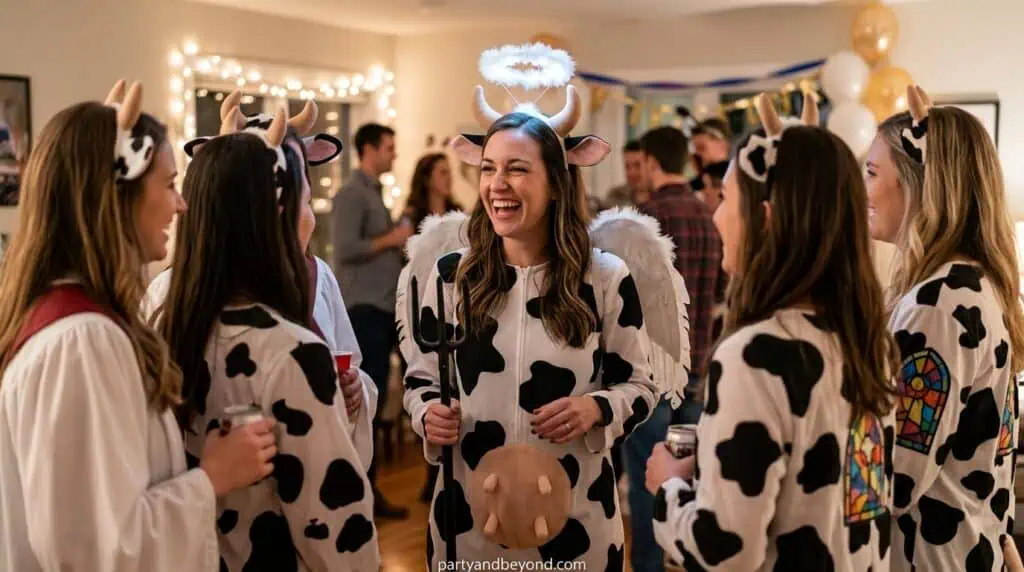 cow print outfit with halo creating a humorous pun costume