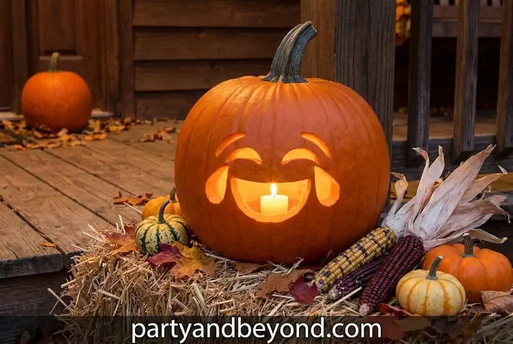 Shocked emoji face pumpkin carving with wide eyes and open mouth.