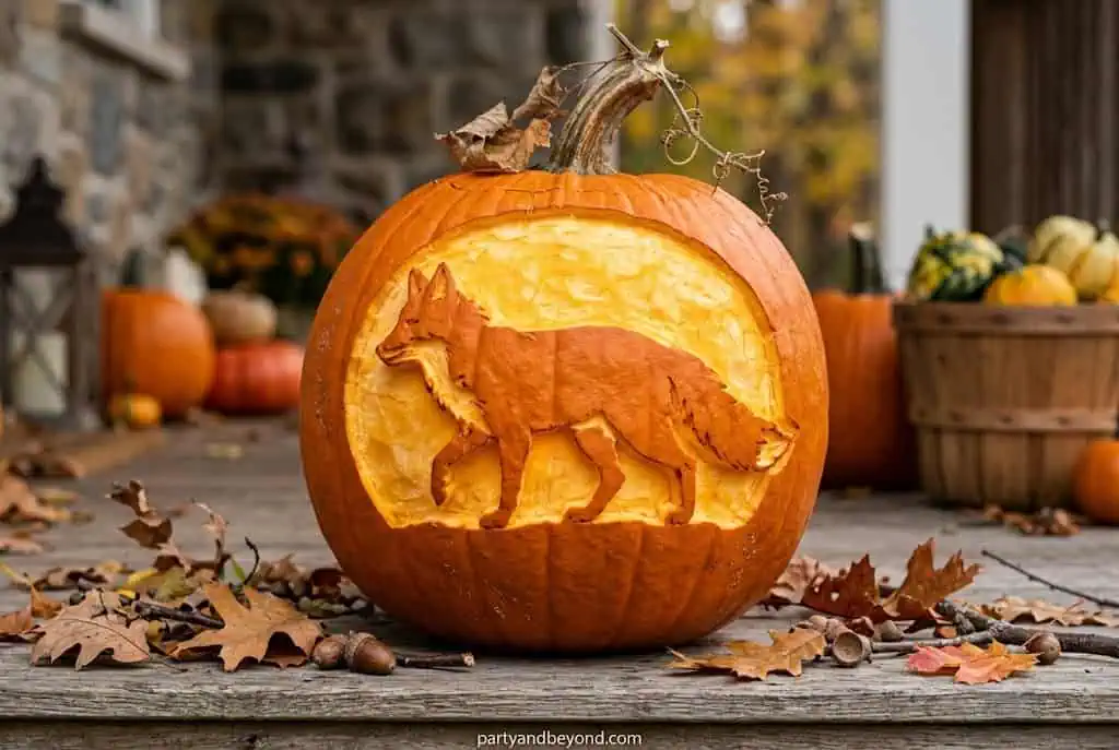 Relief-carved pumpkin featuring glowing fox silhouette design.