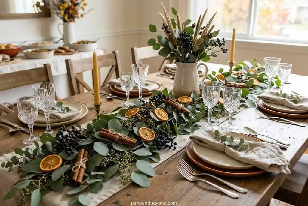 “Eucalyptus and dried orange garland running across Thanksgiving table”