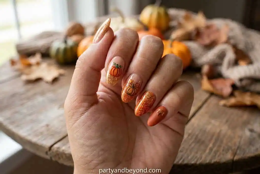 Autumn pumpkin-themed nail art with glittery orange and gold polish on well-manicured nails.