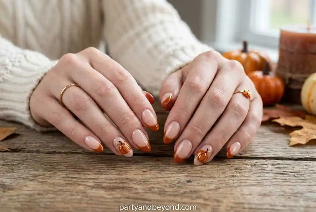 Burnt orange French tip nails with subtle pumpkin outline accent.