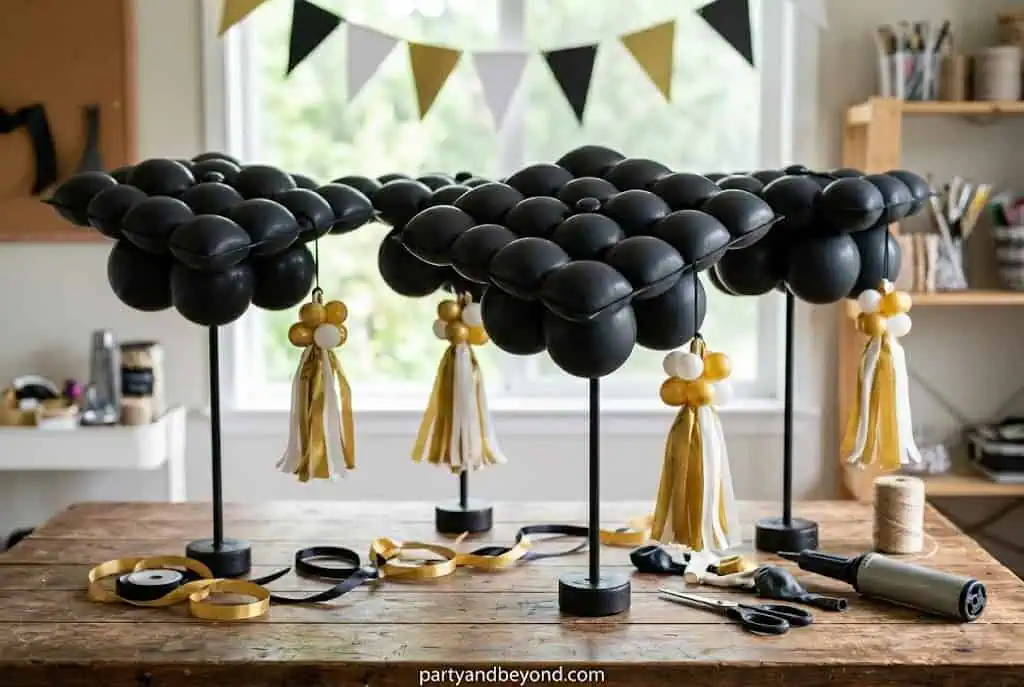 Graduation cap themed balloon centerpieces on party tables with gold tassel details