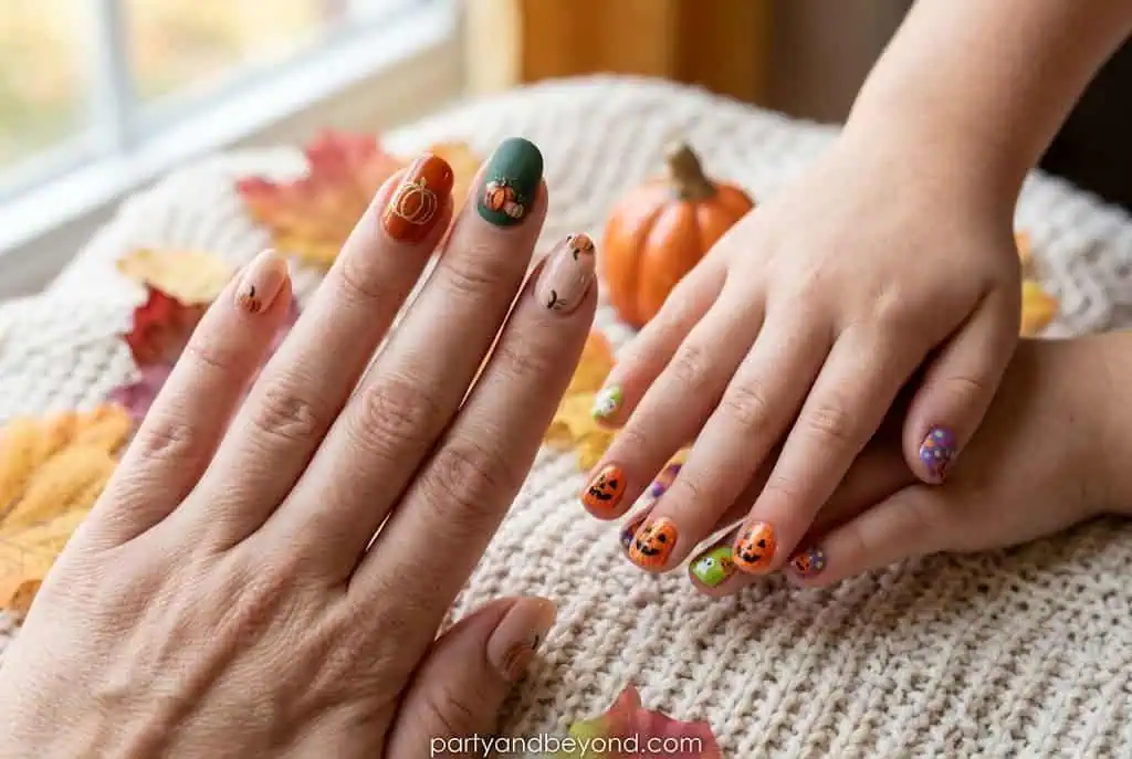 Cute kid-friendly pumpkin nail art with bright orange and star stickers.