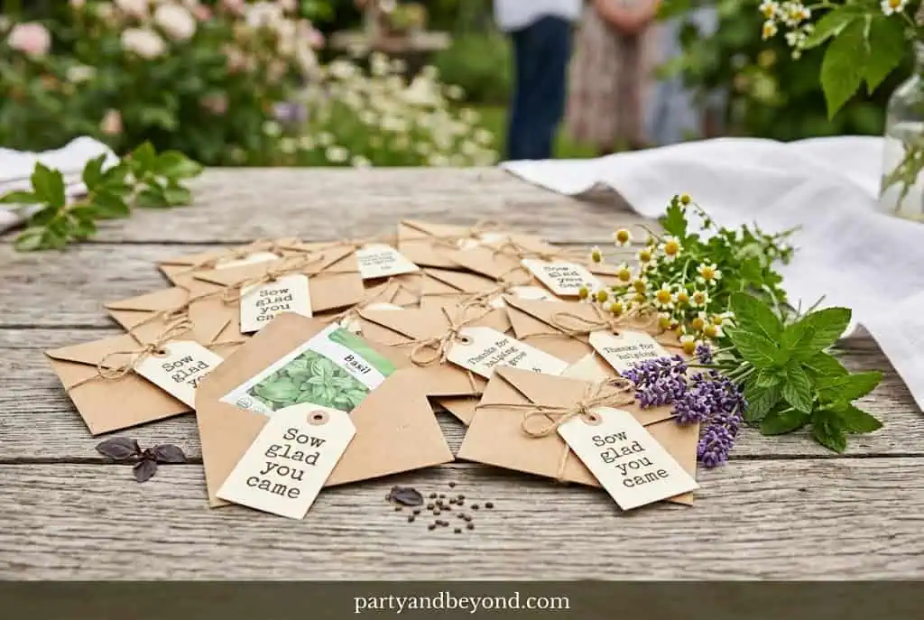 Kraft paper envelopes filled with seed packets for eco-friendly party favors
