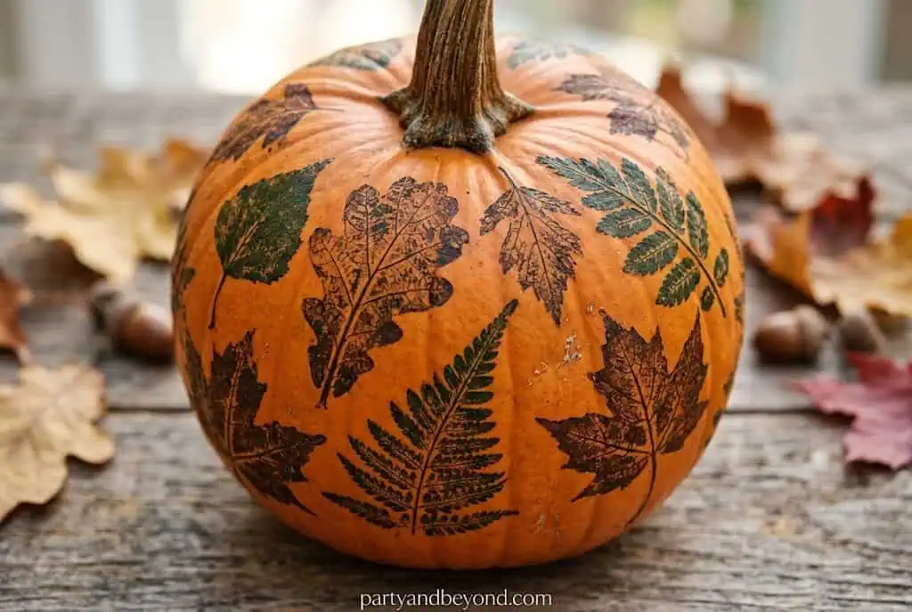 White pumpkin stamped with natural leaf vein prints in paint