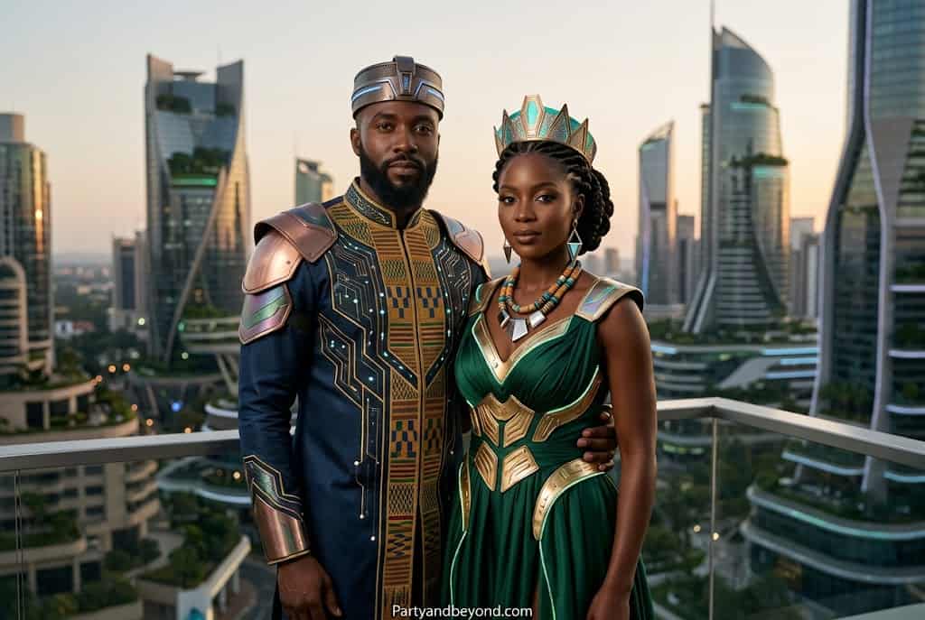 Futuristic Black couple costume with metallic armor and African-inspired Afrofuturism fashion.