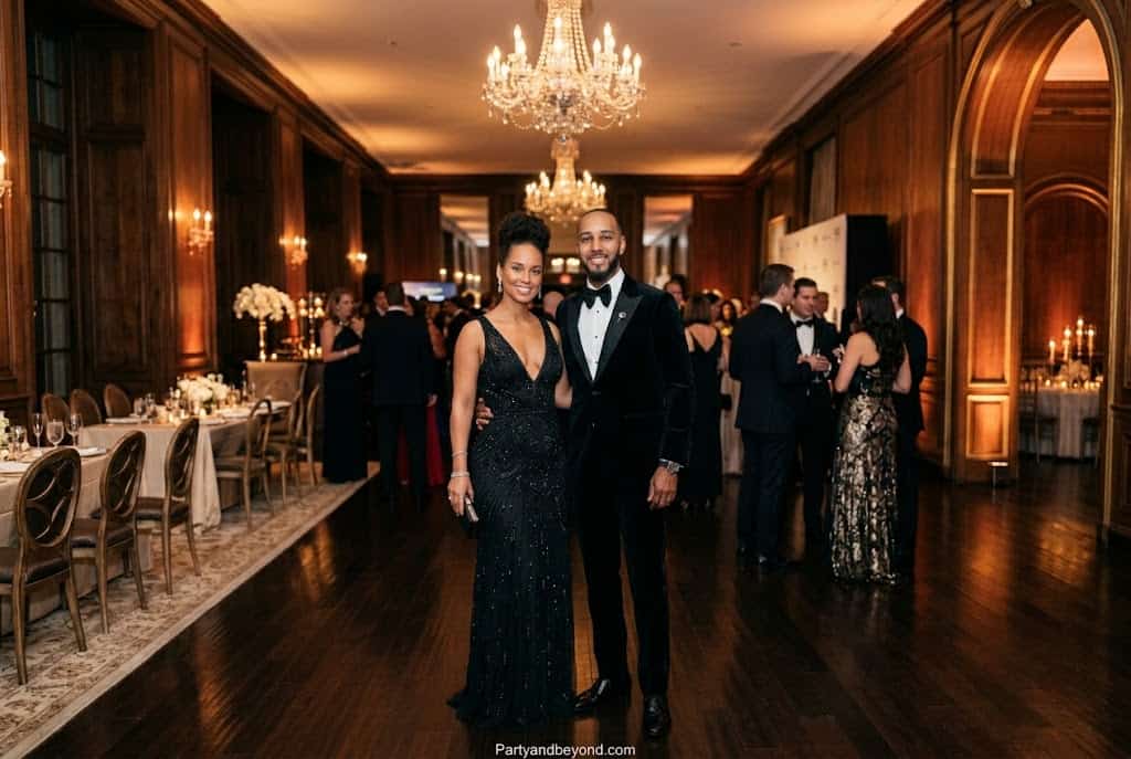 Stylish Black couple Halloween costume inspired by Alicia Keys and Swizz Beatz.