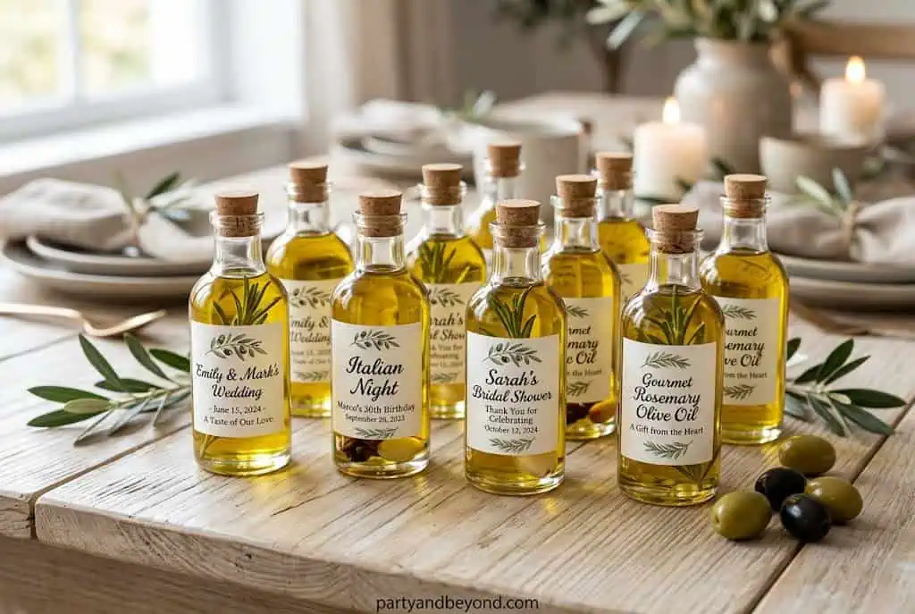 Custom engraved olive oil bottles for weddings, birthdays, and celebrations. Perfect for party favor.