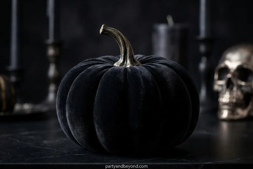 Matte black pumpkin with soft velvet-like finish in moody Halloween styling