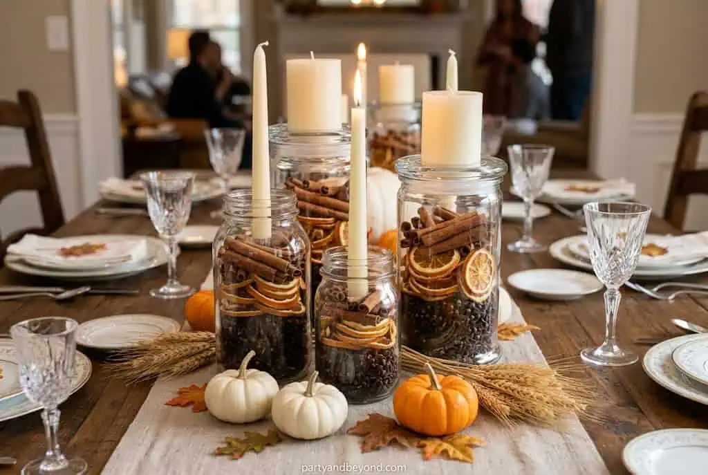 Apothecary jars with cinnamon and candles on Thanksgiving table Thanksgiving Table Decoration Ideas