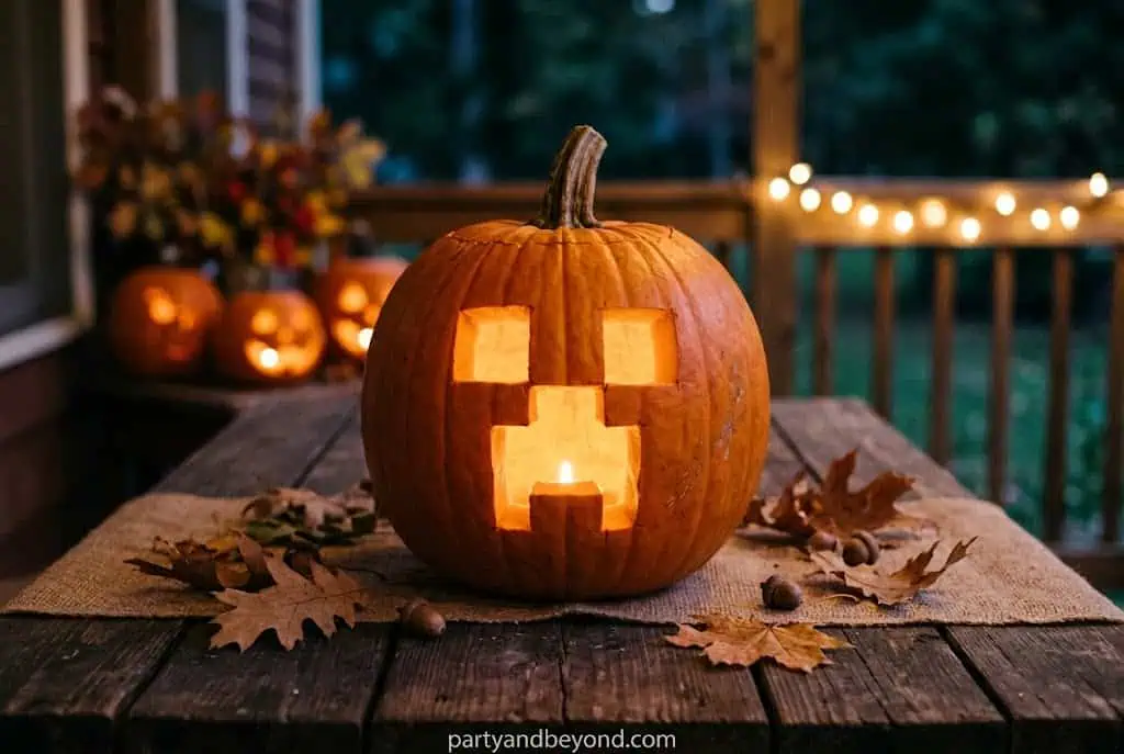 Minecraft Creeper pumpkin carving with pixelated square face design.