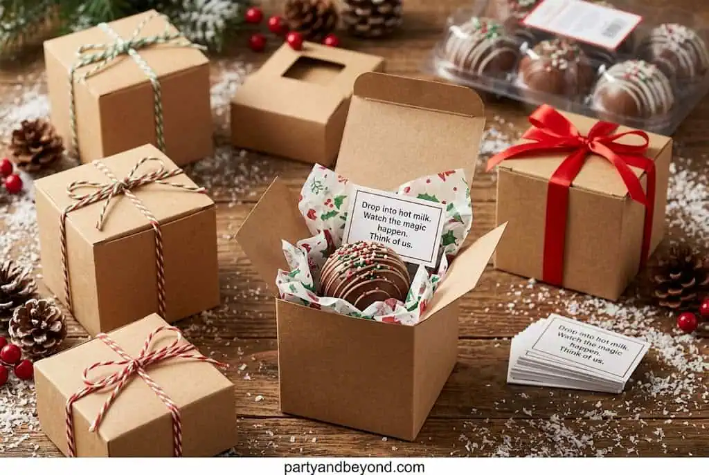 Hot chocolate bombs packaged in kraft gift boxes with tissue paper for holiday party favors