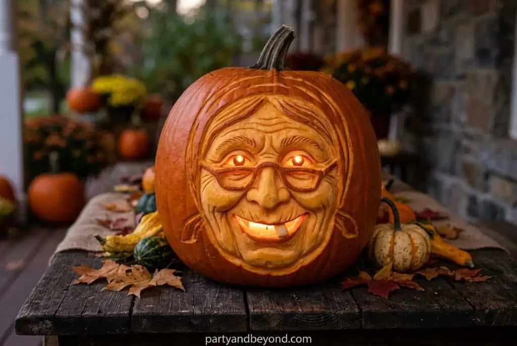 Humorous pumpkin carving with crooked teeth and wrinkled expression.
